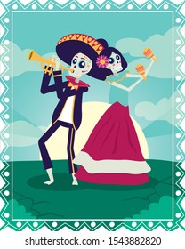 dia de los muertos card with mariachi playing trumpet and catrina vector illustration
