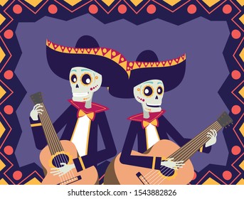 dia de los muertos card with mariachis skulls playing guitars vector illustration design