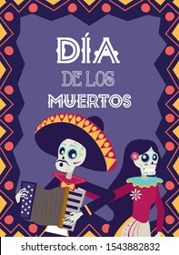 dia de los muertos card with mariachi playing accordion and catrina vector illustration