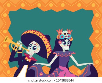 dia de los muertos card with mariachi playing trumpet and catrina vector illustration