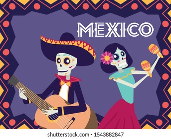 dia de los muertos card with mariachi playing guitar and catrina vector illustration