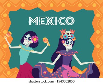 dia de los muertos card with catrinas playing maracas characters vector illustration