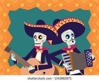 dia de los muertos card with mariachis playing guitar and accordion vector design