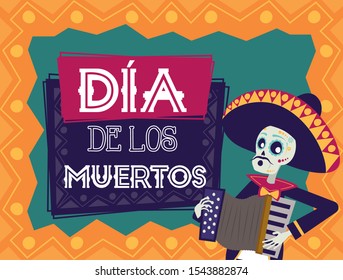 dia de los muertos card with mariachi skull playing accordion vector illustration design