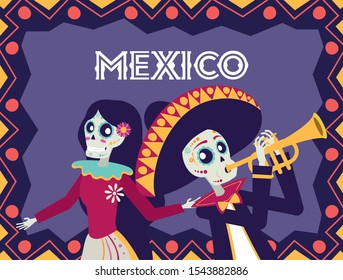 dia de los muertos card with mariachi playing trumpet and catrina vector illustration