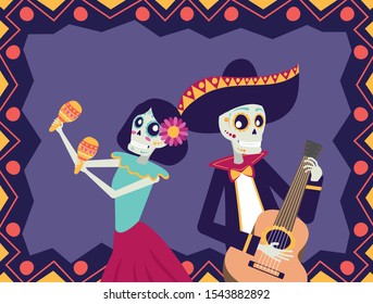 dia de los muertos card with mariachi playing guitar and catrina vector illustration