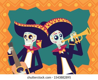 dia de los muertos card with mariachis skulls playing guitar and trumpet vector design