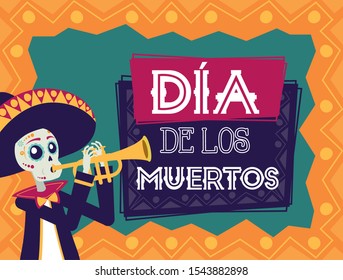 dia de los muertos card with mariachi skull playing trumpet vector illustration design