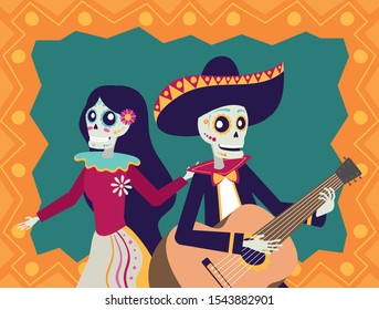 dia de los muertos card with mariachi playing guitar and catrina vector illustration