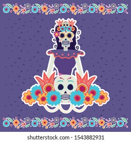 dia de los muertos card with catrina skull character vector illustration design