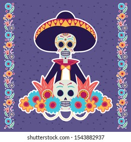 dia de los muertos card with mariachi skull and flowers vector illustration design