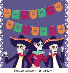 dia de los muertos card with mariachis and catrinas skulls characters vector illustration