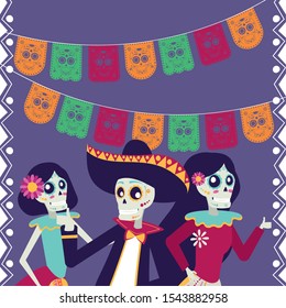 dia de los muertos card with mariachis and catrinas skulls characters vector illustration