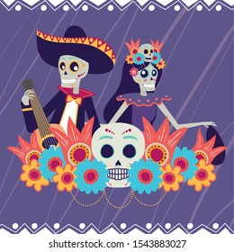 dia de los muertos card with catrina and mariachi playing guitar vector illustration