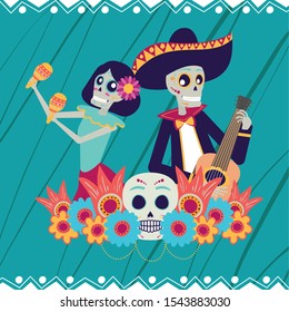 dia de los muertos card with catrina and mariachi playing guitar vector illustration