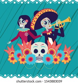 dia de los muertos card with catrina and mariachi playing trumpet vector illustration