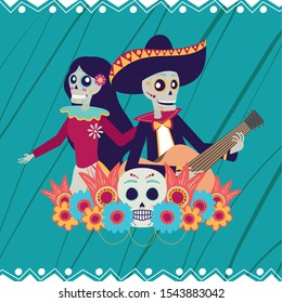 dia de los muertos card with catrina and mariachi playing guitar vector illustration