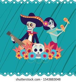 dia de los muertos card with catrina and mariachi playing guitar vector illustration