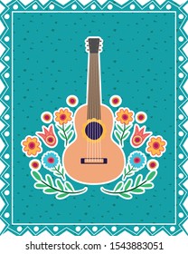 dia de los muertos card with guitar and flowers vector illustration design