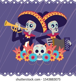 dia de los muertos card with mariachis skulls playing trumpet and accordion vector illustration design