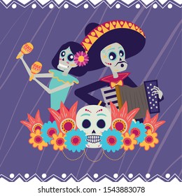 dia de los muertos card with catrina and mariachi playing accordion vector illustration