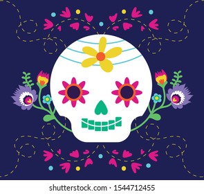 dia de los muertos card with skull and flowers vector illustration design
