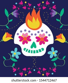 dia de los muertos card with skull and flowers vector illustration design