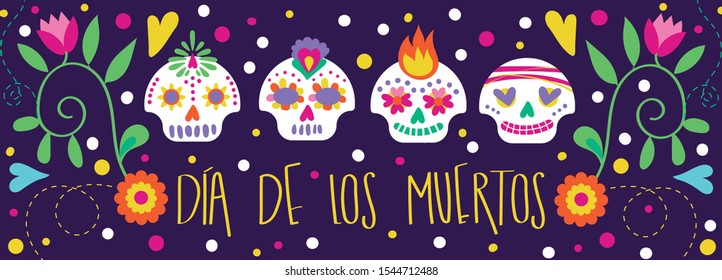 dia de los muertos card with calligraphy and skulls floral decoration vector illustration