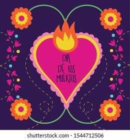 dia de los muertos card with heart flame and flowers vector illustration design