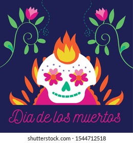 dia de los muertos card with lettering and skull vector illustration design