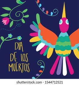 dia de los muertos card lettering with bird and flowers vector illustration design