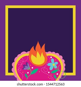 dia de los muertos card with heart flame and flowers vector illustration design