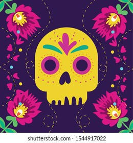 dia de los muertos card with skull and flowers vector illustration design