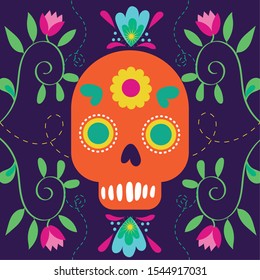 dia de los muertos card with skull and flowers vector illustration design