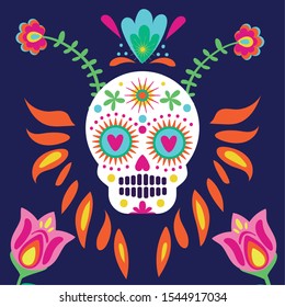 dia de los muertos card with skull and flowers vector illustration design