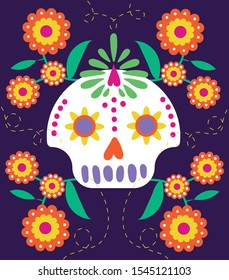 dia de los muertos card with skull and flowers vector illustration design
