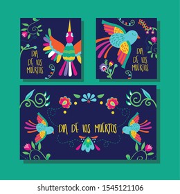 dia de los muertos card lettering with birds and flowers vector illustration design