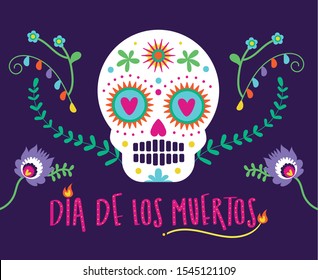 dia de los muertos card with lettering and skull vector illustration design