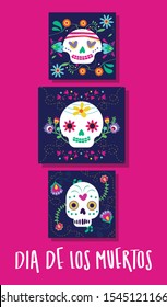 dia de los muertos card with lettering and skulls vector illustration design