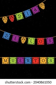 Dia de los Muertos card, banner. Traditional mexican Day of the Dead decoration with paper cut out garlands and skulls. Papel picado fiesta bunting.