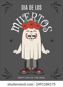 Dia De Los Muertos card. Poster with trendy retro groovy ghost character. Mexican Day of the dead.