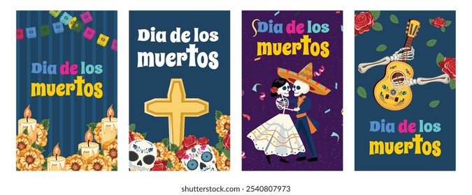 Dia de los Muertos card set, skulls, marigold flowers, candles, skeleton couple dancing, and paper picado