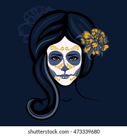 Dia de Los Muertos card. Girl with flowers in her hair and makeup to the Mexican holiday Day of the Dead. Invitation poster. Halloween. Hand drawn.