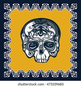 Dia de Los Muertos card. Mexican day of the dead. Skull decorated with traditional ornament for the holiday. Invitation poster. Hand drawn.