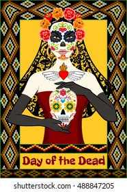 Dia de los Muertos card with calavera woman and sugar skull