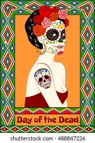 Dia de los Muertos card with calavera woman and sugar skull