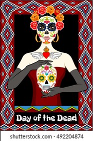 Dia de los Muertos card with calavera woman and sugar skull