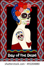 Dia de los Muertos card with calavera woman and sugar skull