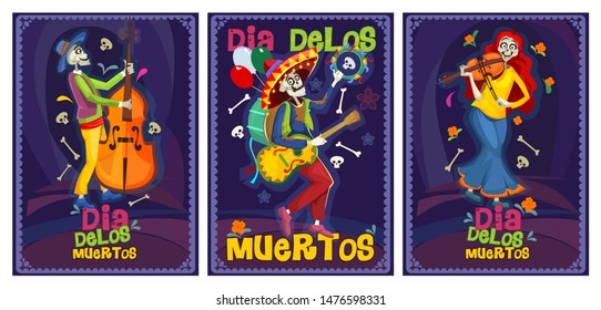 Dia de los muertos cards set vector illustration. Collection consist of greeting or invitation flyers with dancing, playing skeletons and lettering on blue background