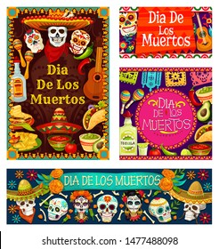 Dia De Los Muertos Cards With Skulls And Day Of Dead Symbols. Vector Skeleton Calavera In Sombrero Hat, Food And Drinks, Guitar And Maracas. Flowers And Mexican Ornaments, Nachos And Red Pepper